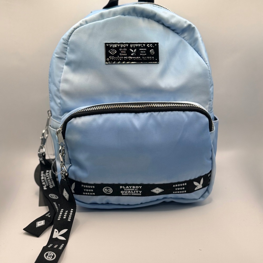 Playboy Supply Co Spencers Exclusive Mini Backpack Light Blue Satin Nylon Bag
